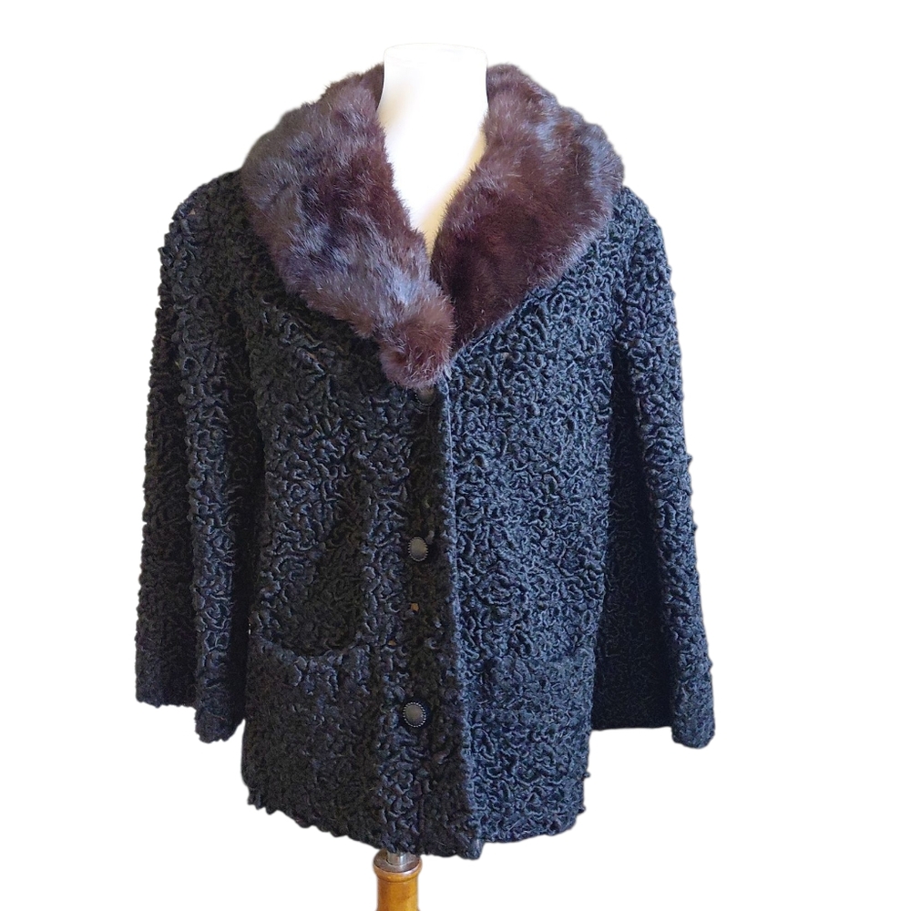 Vintage Persian Lamb Mink Collar Jacket Lambs Wool with Fur Collar Coat Sz Small